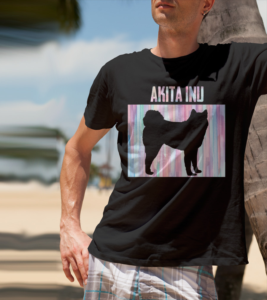 AKITA INU Silhouette On Pastel Watercolor Stripes T-Shirt