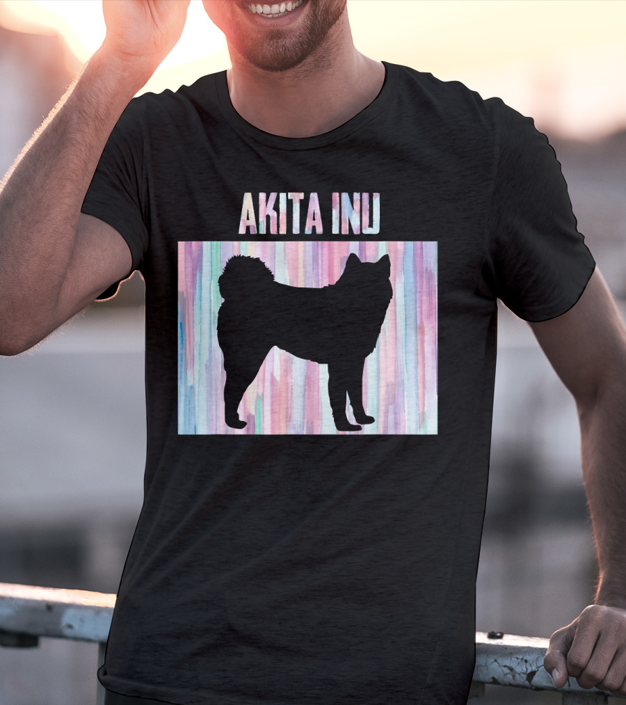 AKITA INU Silhouette On Pastel Watercolor Stripes T-Shirt