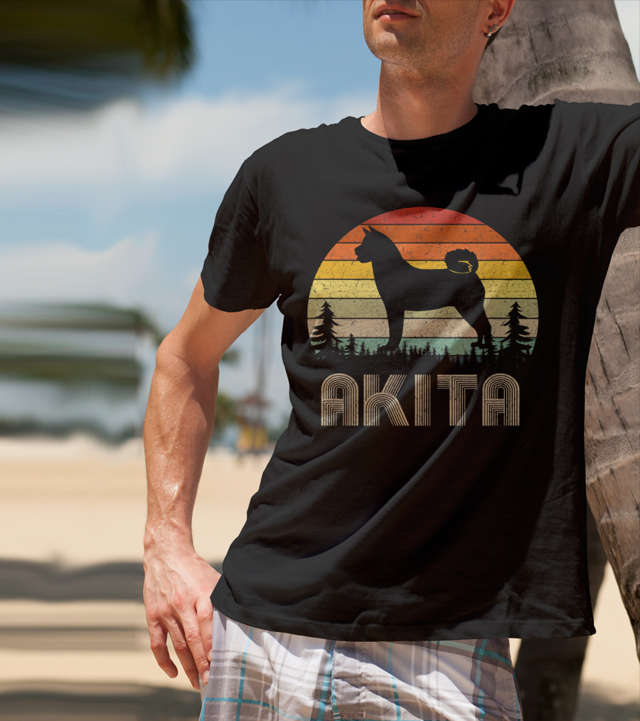 Akita Vintage Dog Retro 70's Forest Sunset T-Shirt