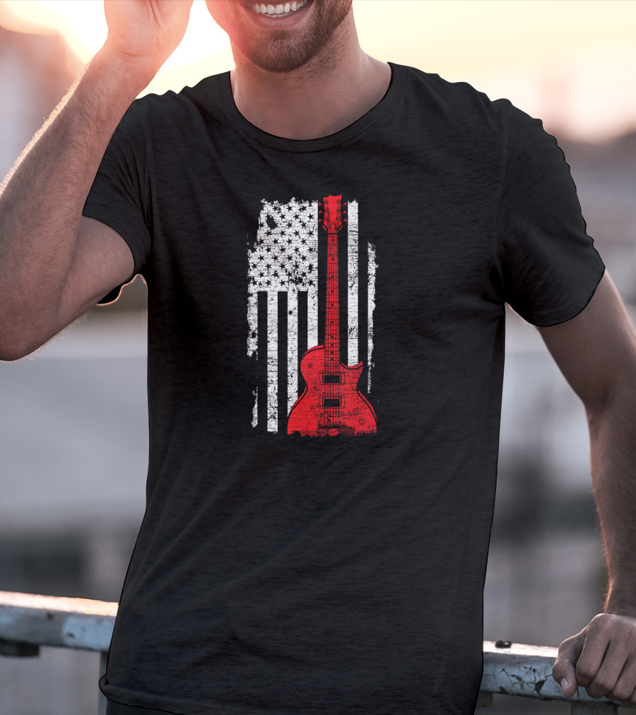Red Guitar American Flag USA Music T-Shirt