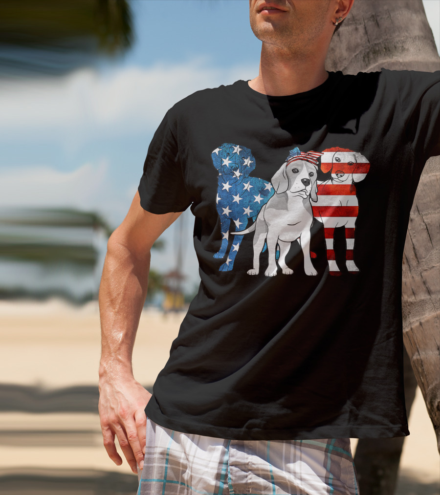 American Beagle Trio With Patriotic Stars And Stripes US Flag Motif T-Shirt