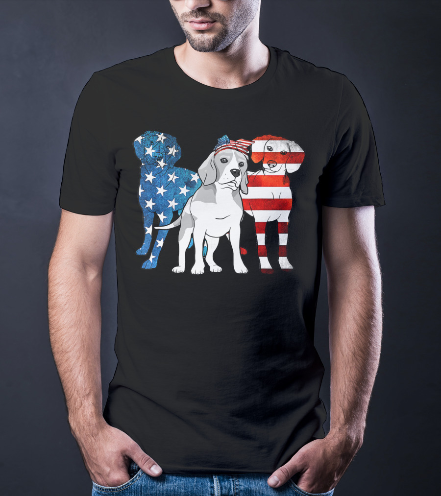 American Beagle Trio With Patriotic Stars And Stripes US Flag Motif T-Shirt