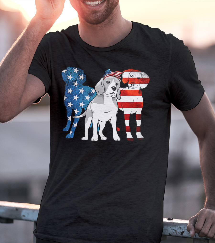 American Beagle Trio With Patriotic Stars And Stripes US Flag Motif T-Shirt
