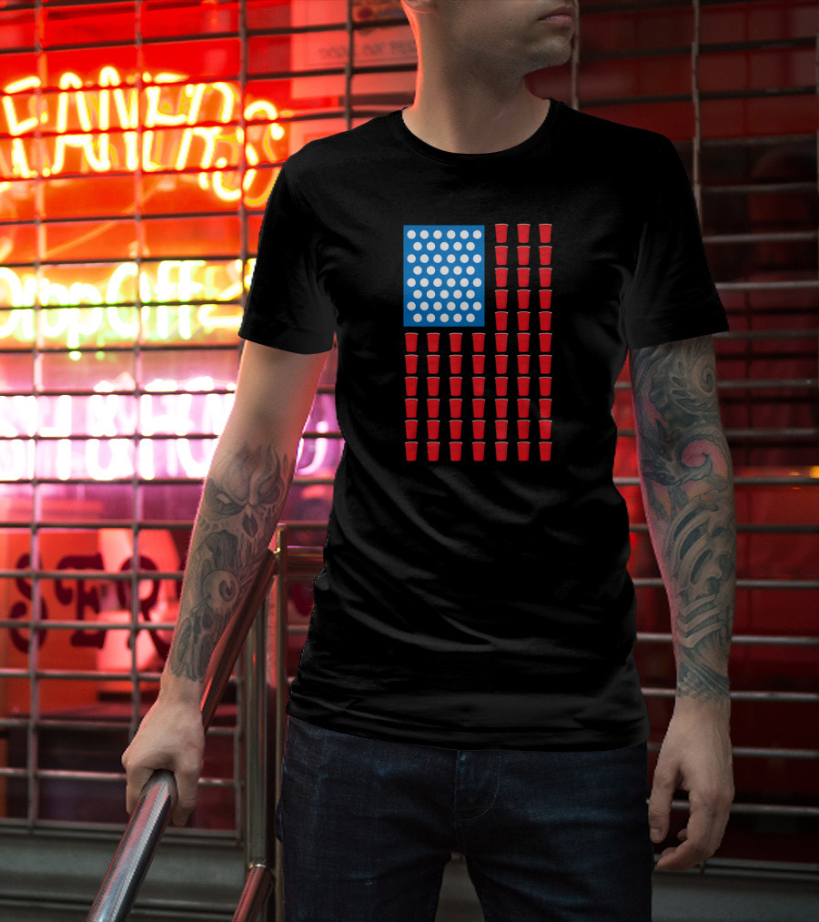 American Flag Beer Pong Red Cup Pattern Patriotic Party T-Shirt
