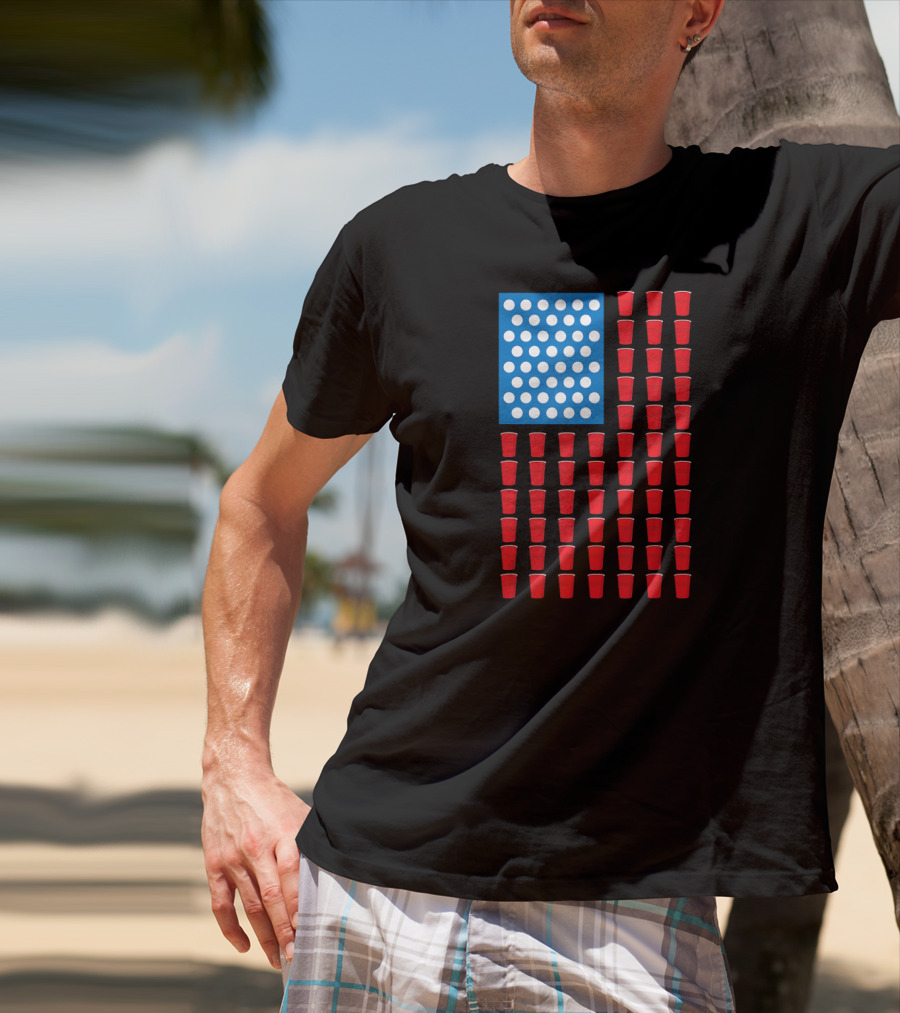 American Flag Beer Pong Red Cup Pattern Patriotic Party T-Shirt