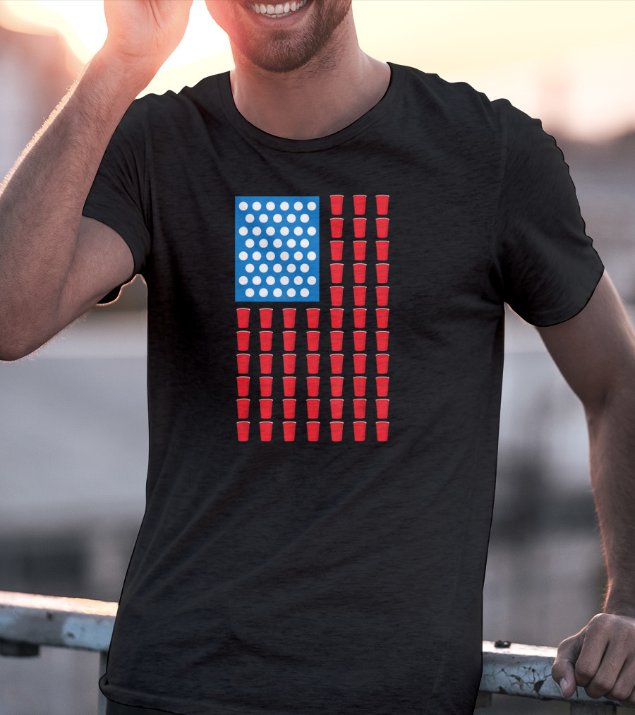 American Flag Beer Pong Red Cup Pattern Patriotic Party T-Shirt