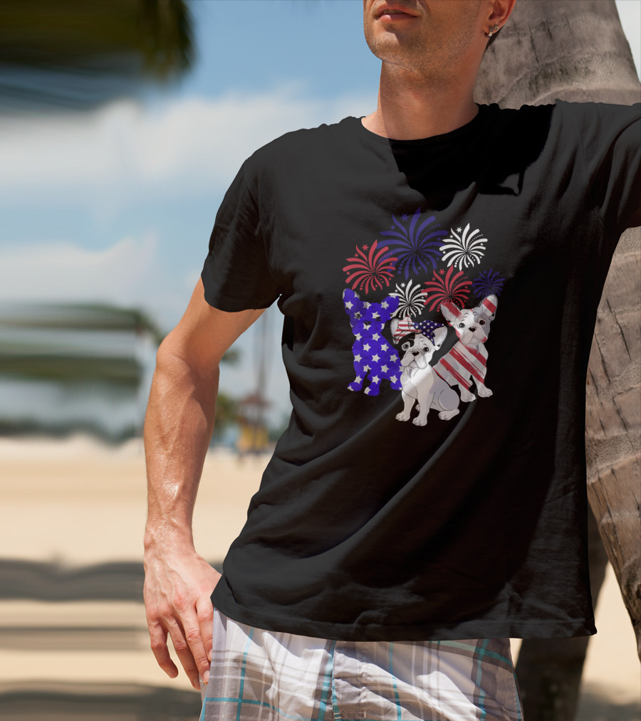 American Flag French Bulldog Fireworks T-Shirt