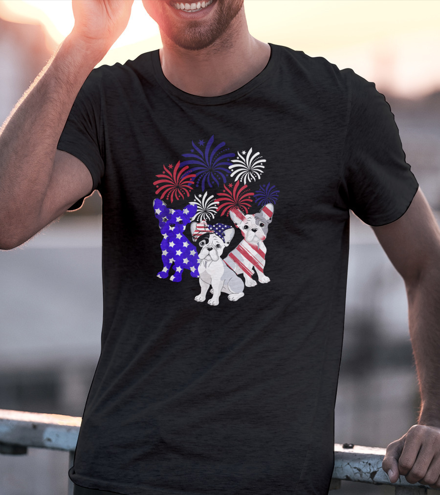 American Flag French Bulldog Fireworks T-Shirt