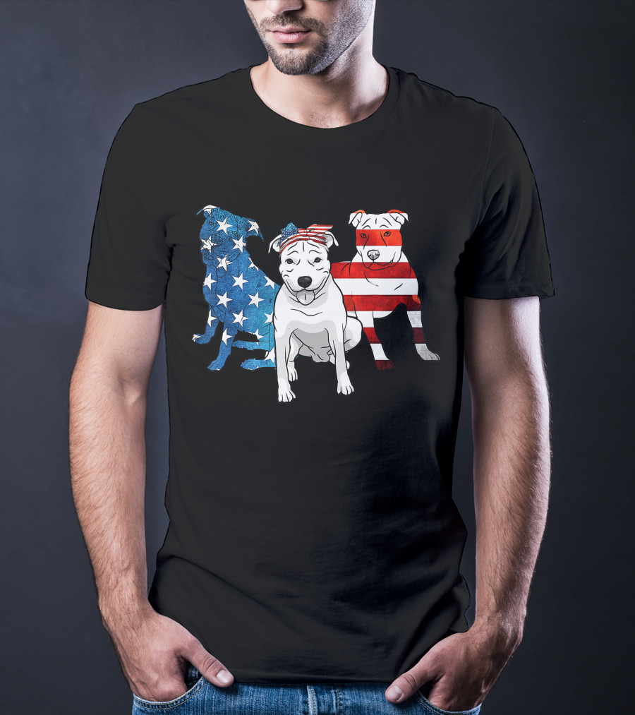 American Pitbull Trio With US Flag T-Shirt
