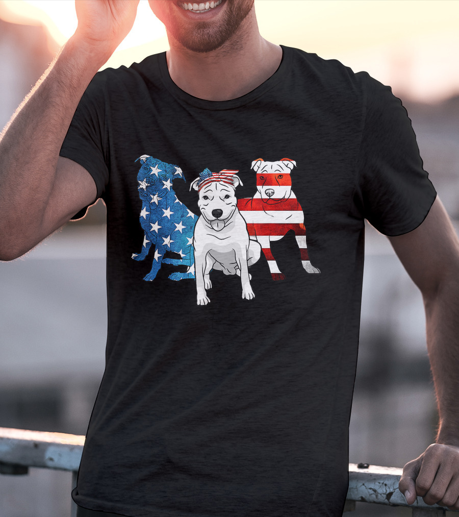 American Pitbull Trio With US Flag T-Shirt