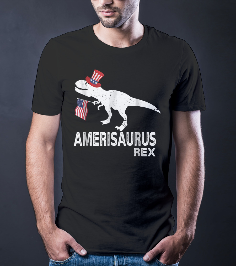 Amerisaurus Rex Patriotic Dinosaur With Uncle Sam Hat And American Flag T-Shirt