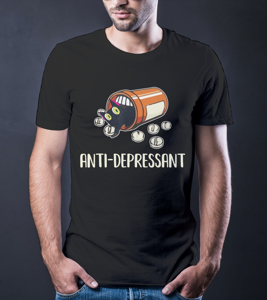 Anti-Depressant Funny Black Cat In Pill Bottle T-Shirt