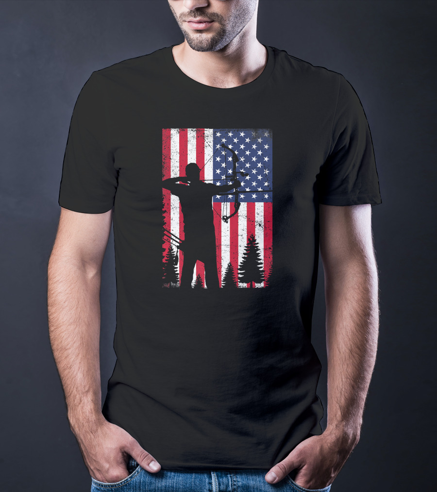 American Archery Bow Hunting Bow Hunter Silhouette USA Flag Background T-Shirt