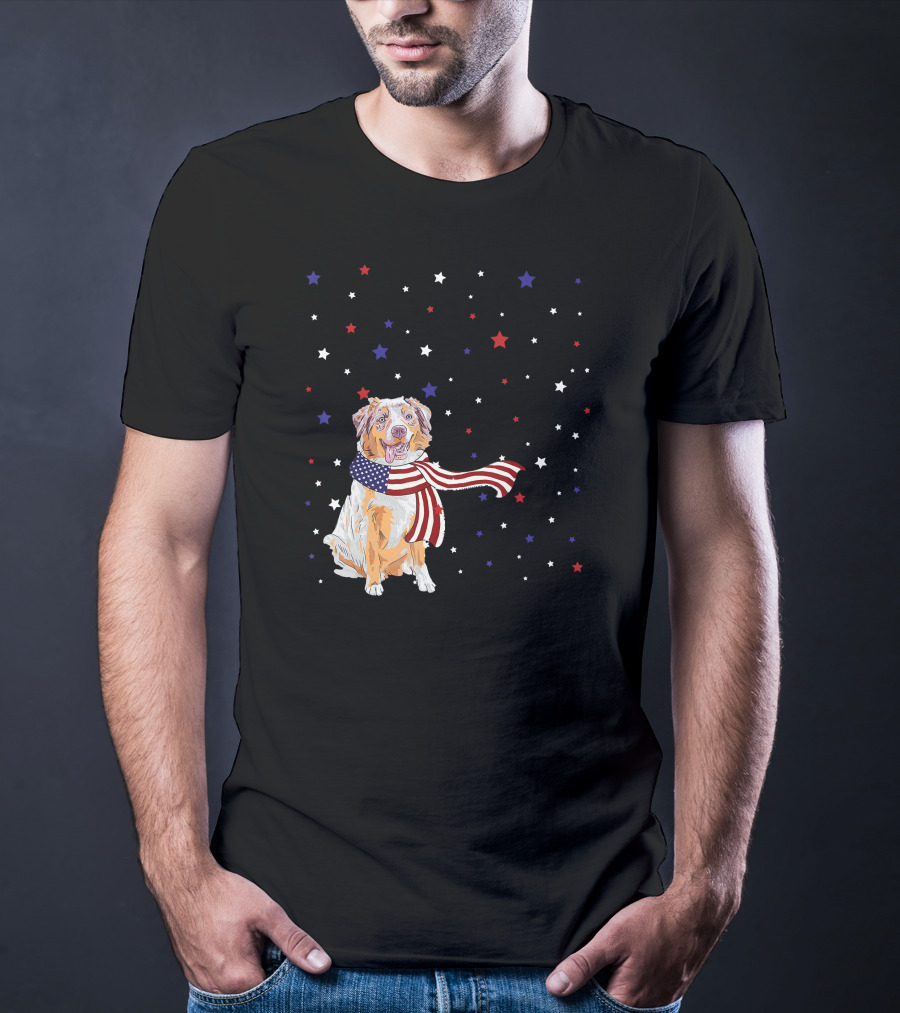 Australian Shepherd Dog With American Flag Scarf Surrounded By Stars T-Shirt