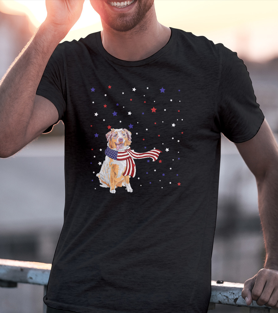 Australian Shepherd Dog With American Flag Scarf Surrounded By Stars T-Shirt
