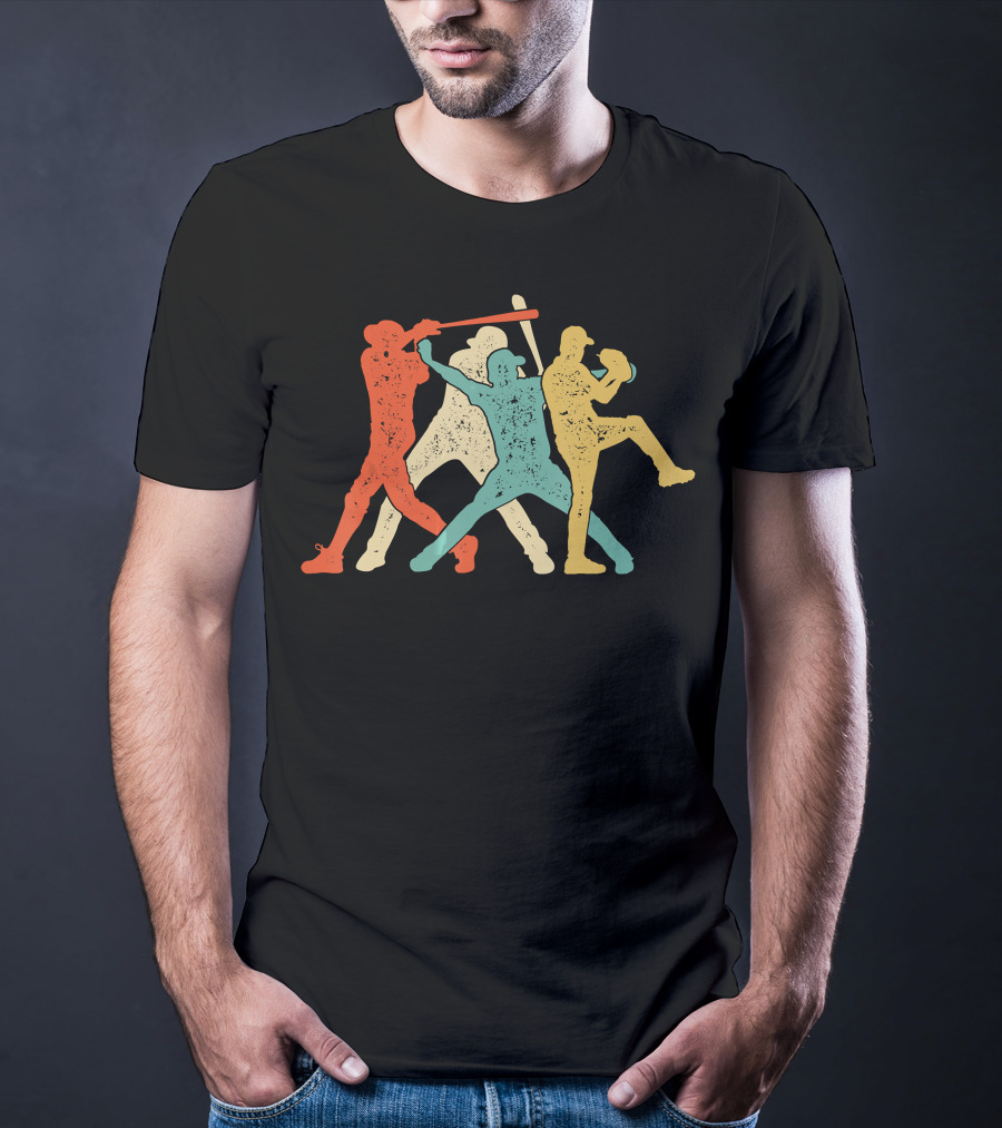 Baseball Retro Vintage Catch Player Silhouettes Batter Pitcher Action Runners T-Shirt