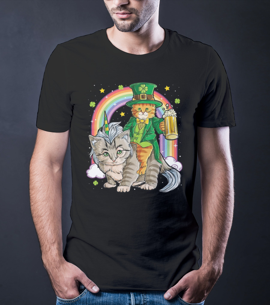 St. Patrick's Day Cat Riding Unicorn With Rainbow And Beer T-Shirt