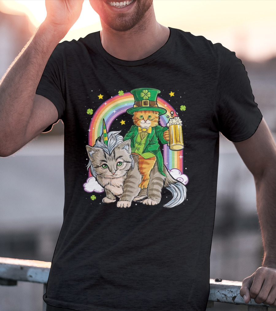 St. Patrick's Day Cat Riding Unicorn With Rainbow And Beer T-Shirt