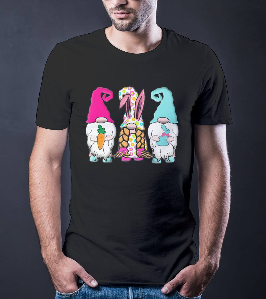 3 Easter Gnomes Pastel Spring Bunny Ears Rabbit Carrot Floral T-Shirt