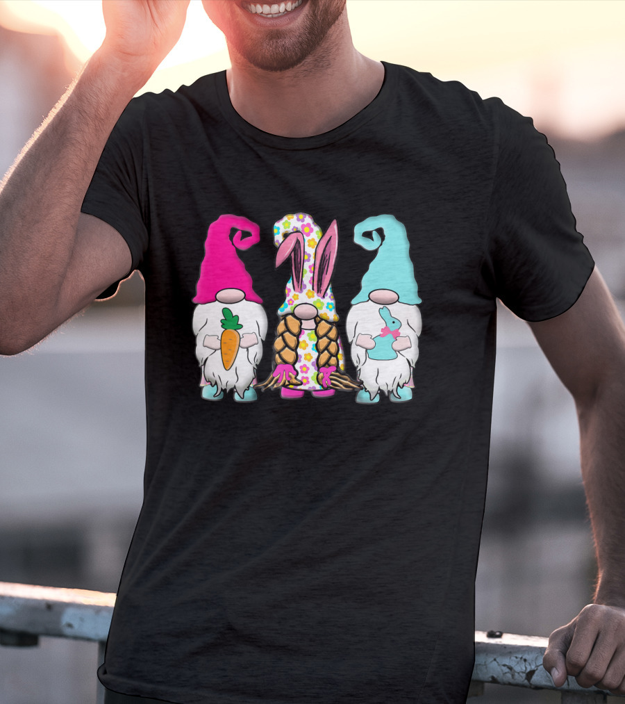 3 Easter Gnomes Pastel Spring Bunny Ears Rabbit Carrot Floral T-Shirt