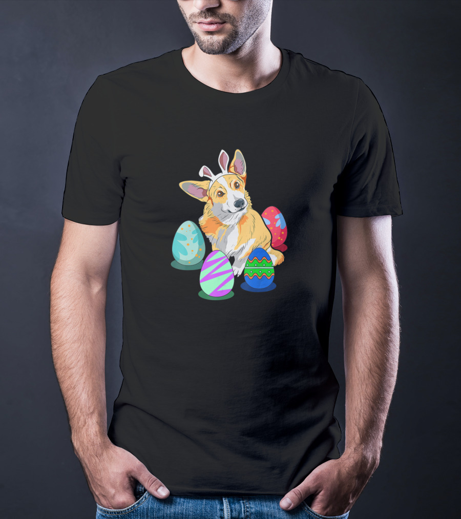Corgi With Bunny Ears Surrounded By Colorful Easter Eggs T-Shirt