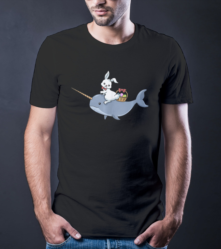 Easter Bunny Rabbit Riding Narwhal With Egg Basket T-Shirt