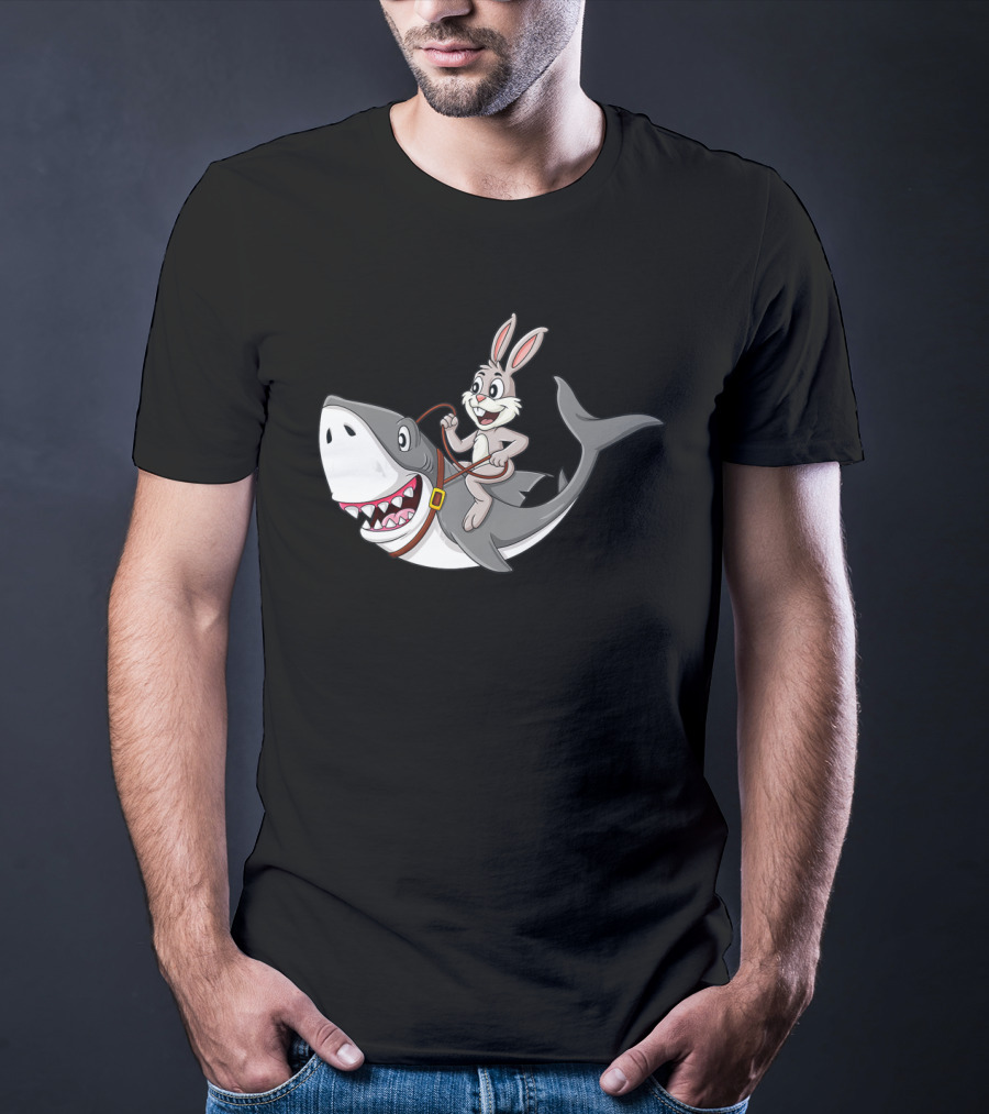 Rabbit Riding Shark Cartoon Easter Humor T-Shirt