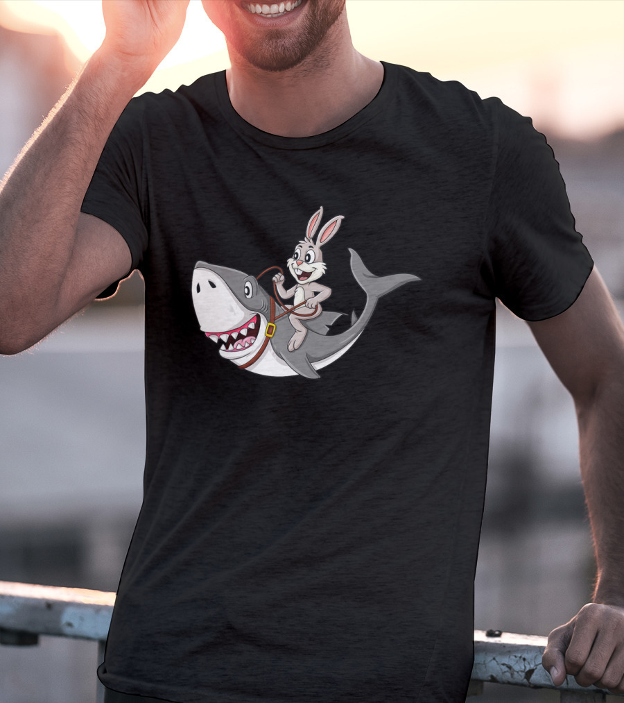 Rabbit Riding Shark Cartoon Easter Humor T-Shirt