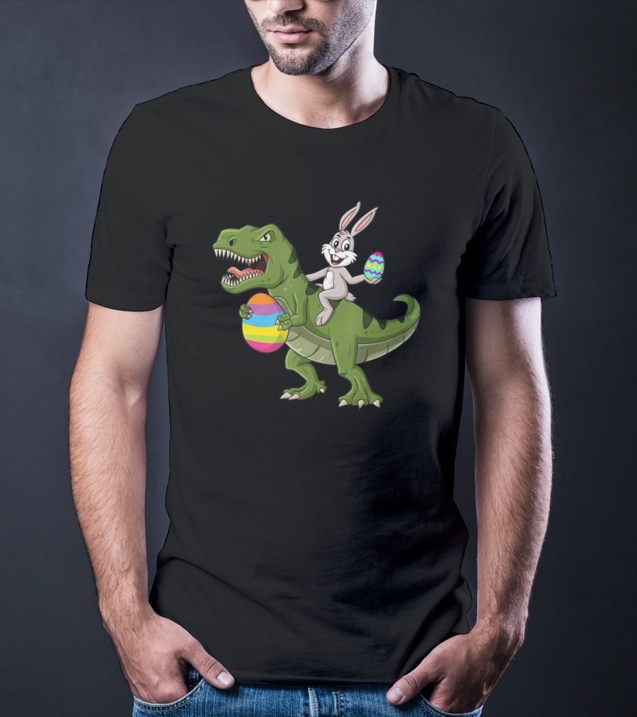 Rabbit Riding T-Rex With Colorful Easter Eggs T-Shirt