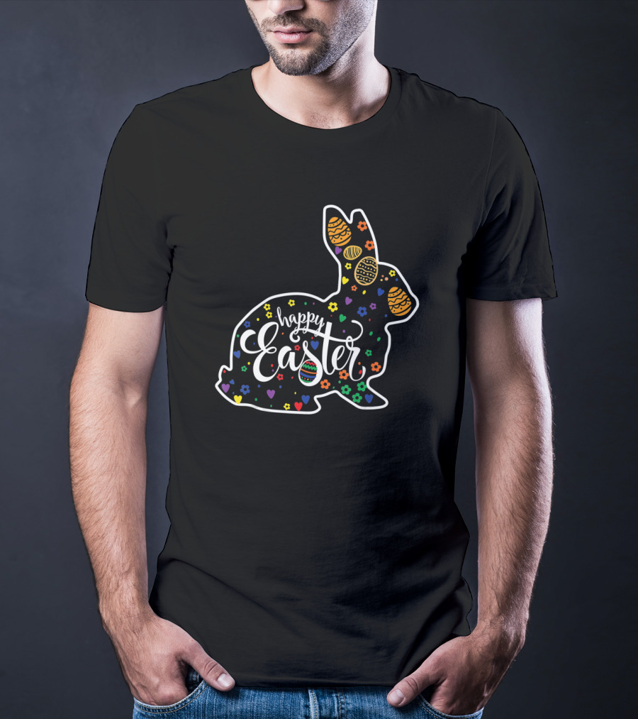 Happy Easter Bunny Rabbit Colorful Eggs And Hearts T-Shirt