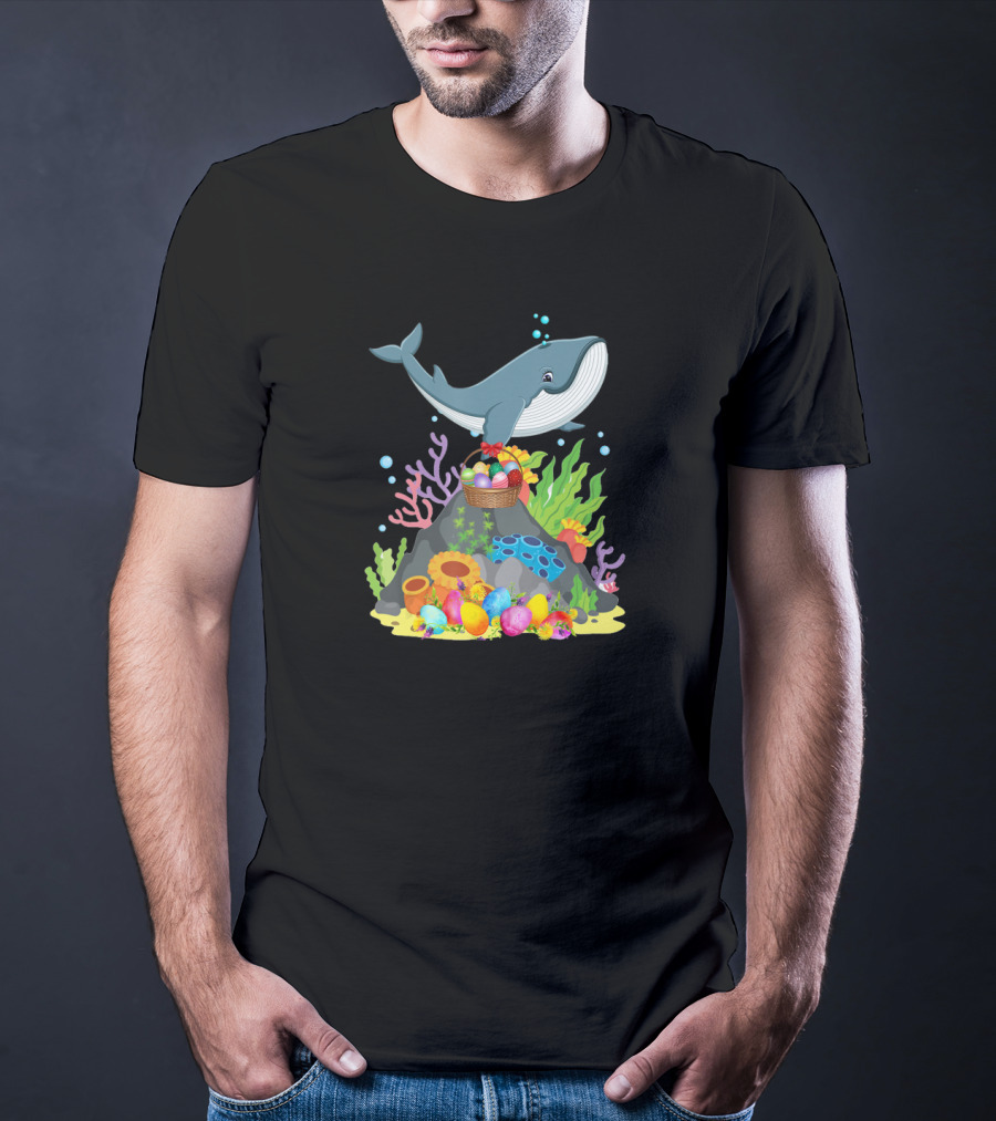 Whale Easter Day Funny Whale With Colorful Eggs And Coral Reef Scene T-Shirt