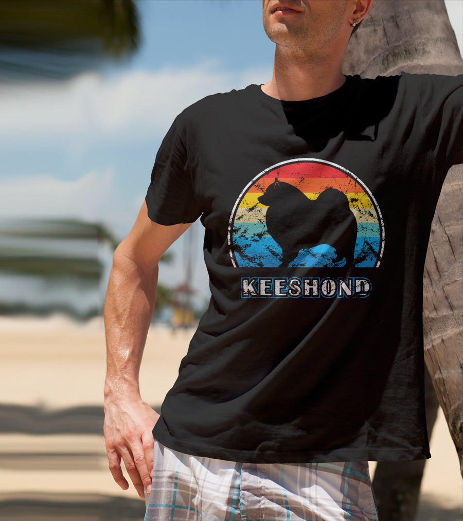 Keeshond Retro Silhouette Rainbow Stripes T-Shirt