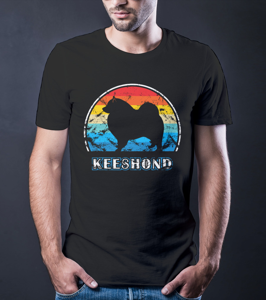 Keeshond Retro Silhouette Rainbow Stripes T-Shirt