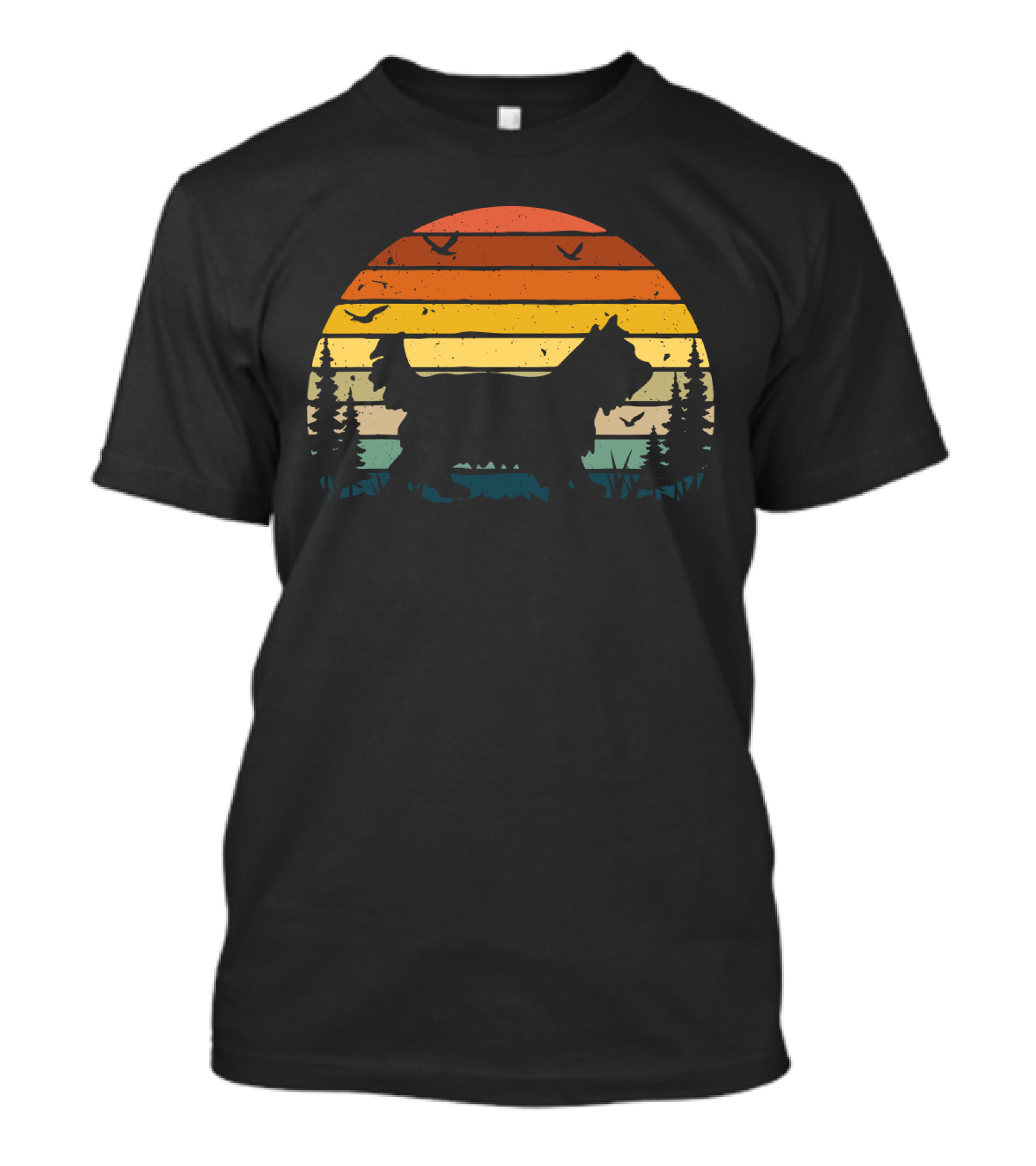 Yorkipoo Vintage Retro Sunset Silhouette With Birds And Trees T-Shirt