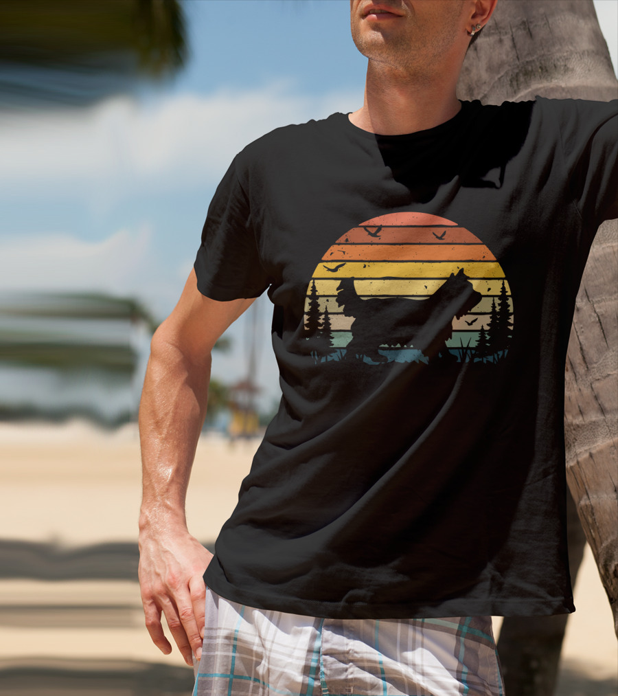Yorkipoo Vintage Retro Sunset Silhouette With Birds And Trees T-Shirt