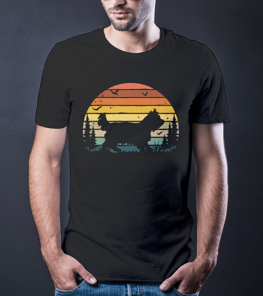 Yorkipoo Vintage Retro Sunset Silhouette With Birds And Trees T-Shirt