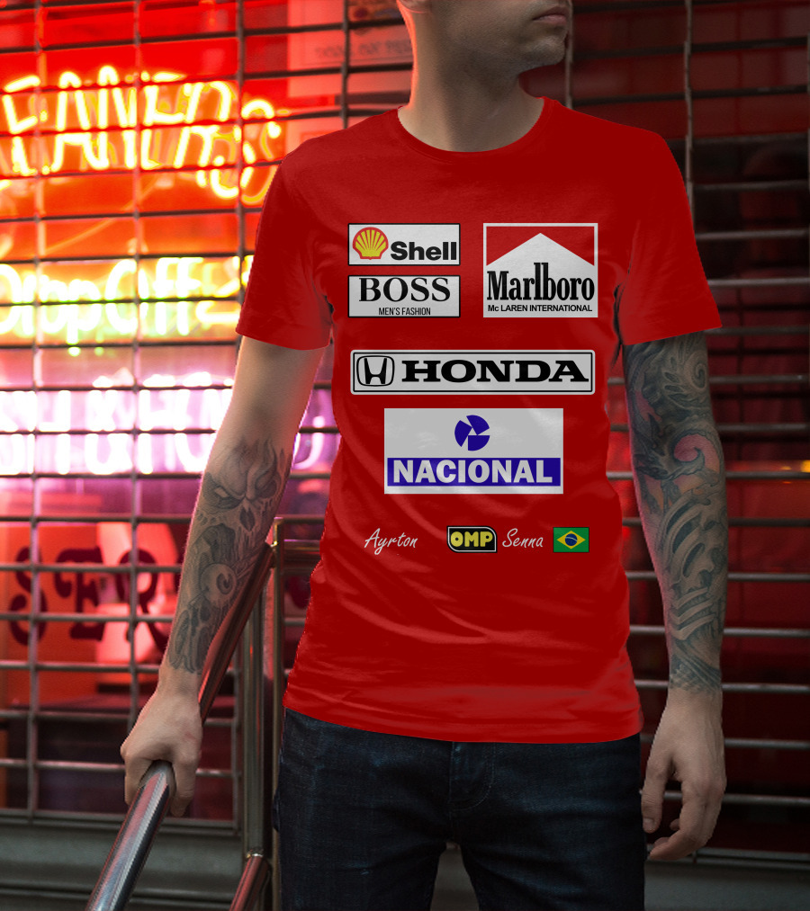 Shell Boss Marlboro McLaren Honda Nacional Ayrton Senna OMP Brazil Flag T-Shirt