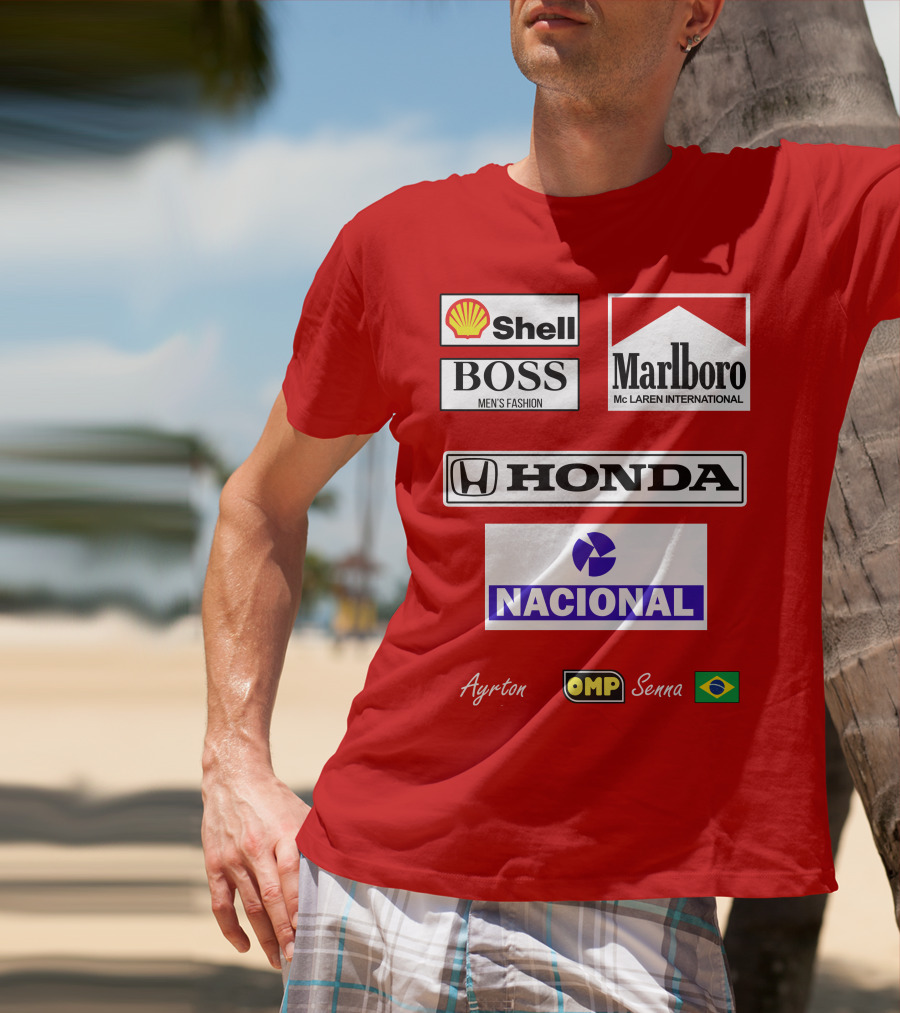Shell Boss Marlboro McLaren Honda Nacional Ayrton Senna OMP Brazil Flag T-Shirt