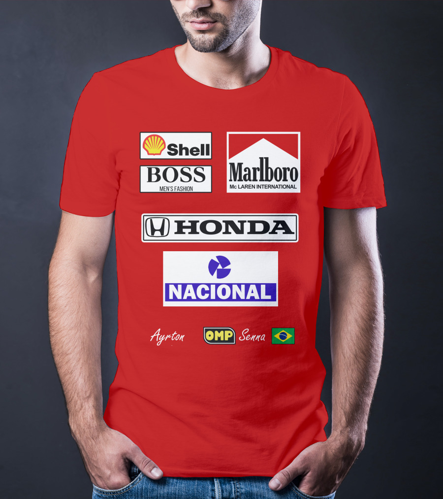 Shell Boss Marlboro McLaren Honda Nacional Ayrton Senna OMP Brazil Flag T-Shirt