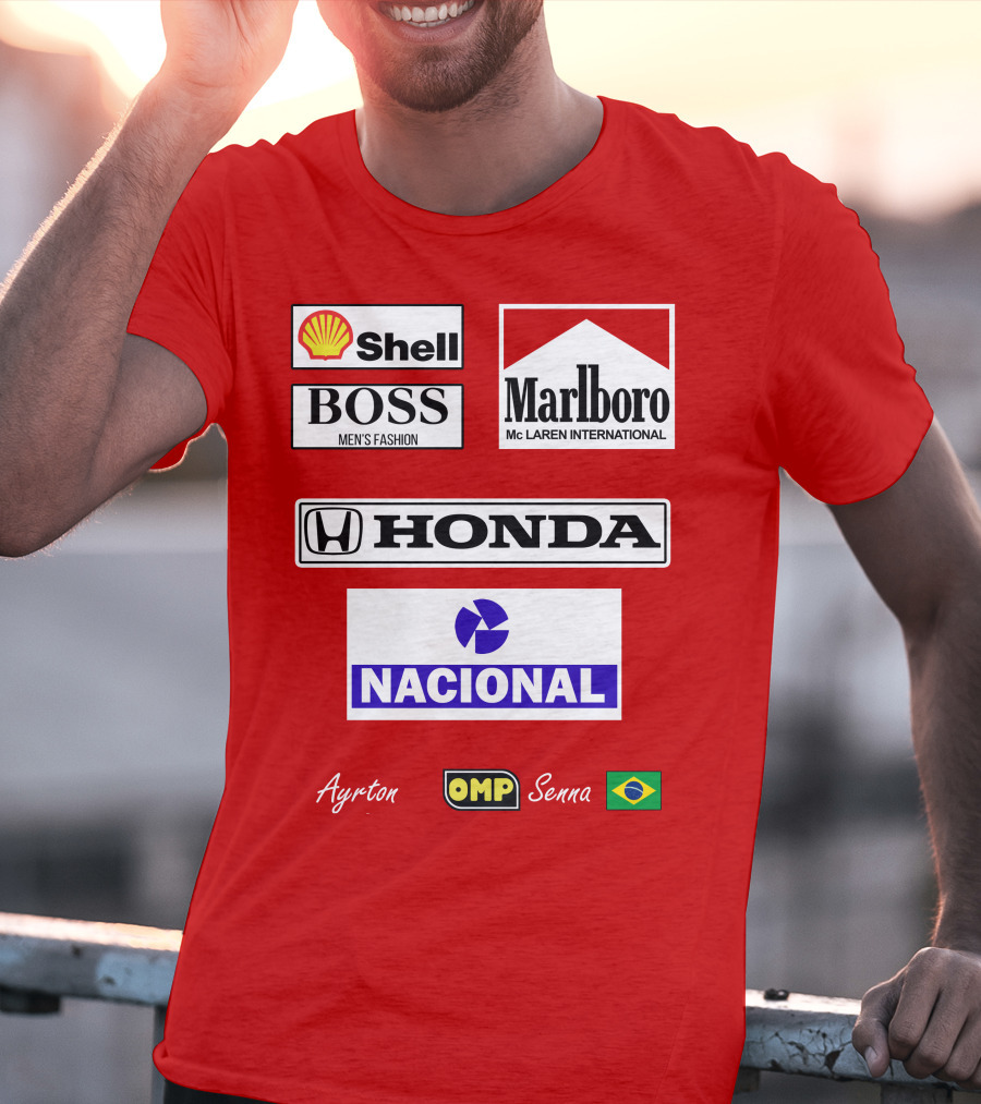 Shell Boss Marlboro McLaren Honda Nacional Ayrton Senna OMP Brazil Flag T-Shirt