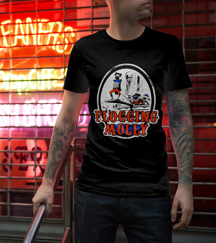 FLOGGING MOLLY Walk The Plank Pirate 7 Distressed Red And Blue T-Shirt