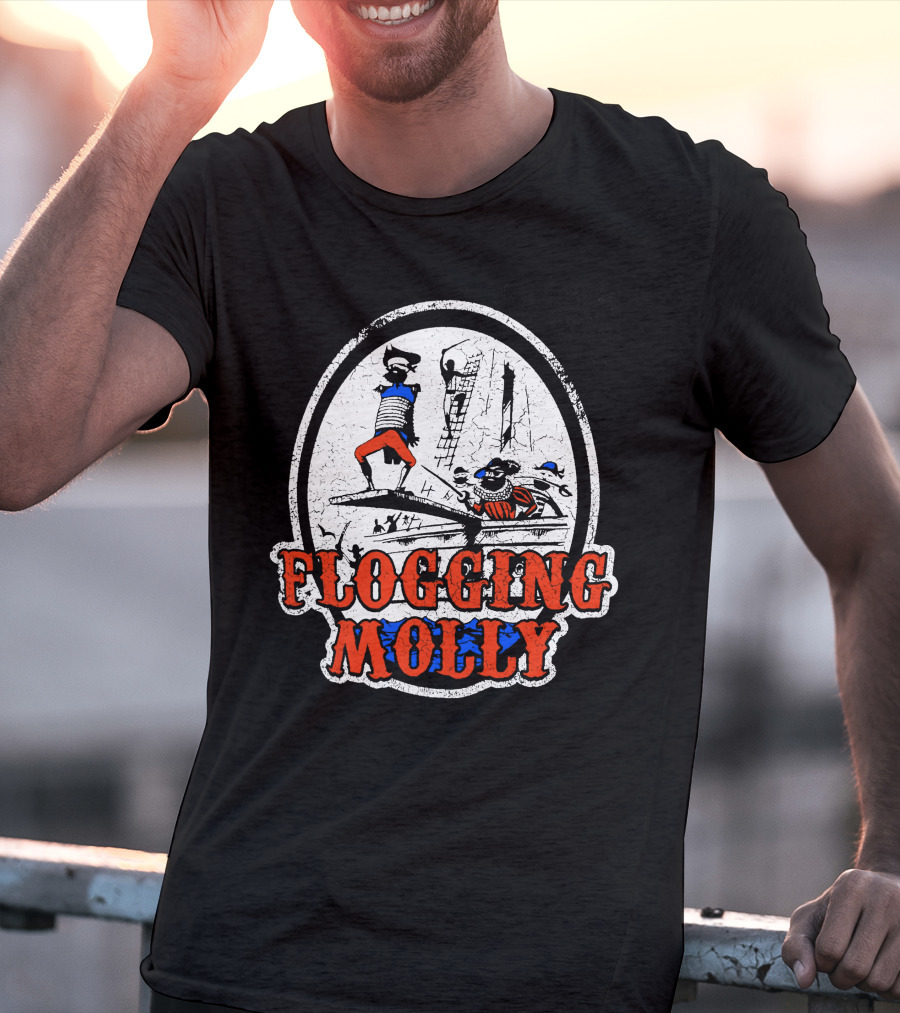 FLOGGING MOLLY Walk The Plank Pirate 7 Distressed Red And Blue T-Shirt