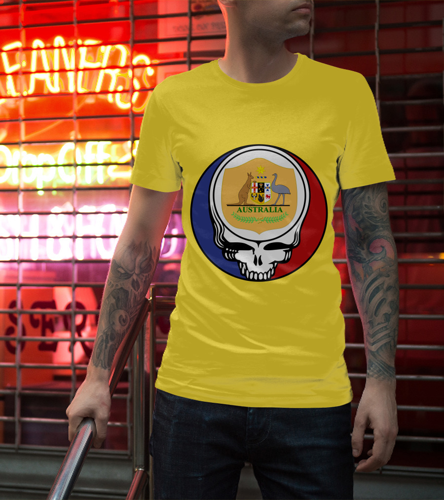 Australia National Football Team Grateful Dead Skull Emblem With Kangaroo And Emu Crest T-Shirt