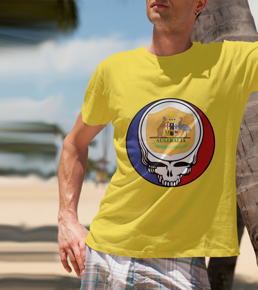 Australia National Football Team Grateful Dead Skull Emblem With Kangaroo And Emu Crest T-Shirt