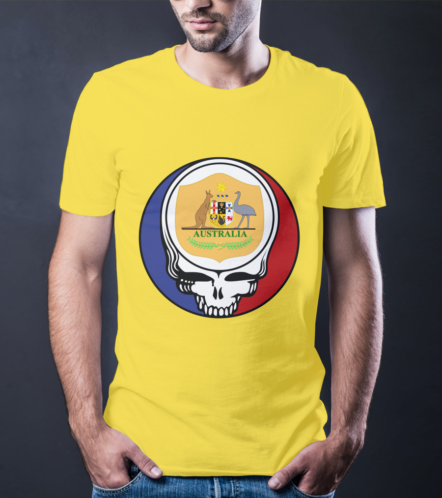 Australia National Football Team Grateful Dead Skull Emblem With Kangaroo And Emu Crest T-Shirt