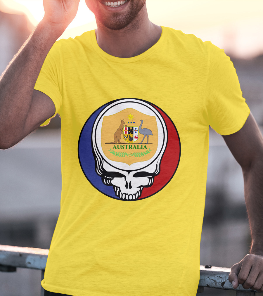Australia National Football Team Grateful Dead Skull Emblem With Kangaroo And Emu Crest T-Shirt