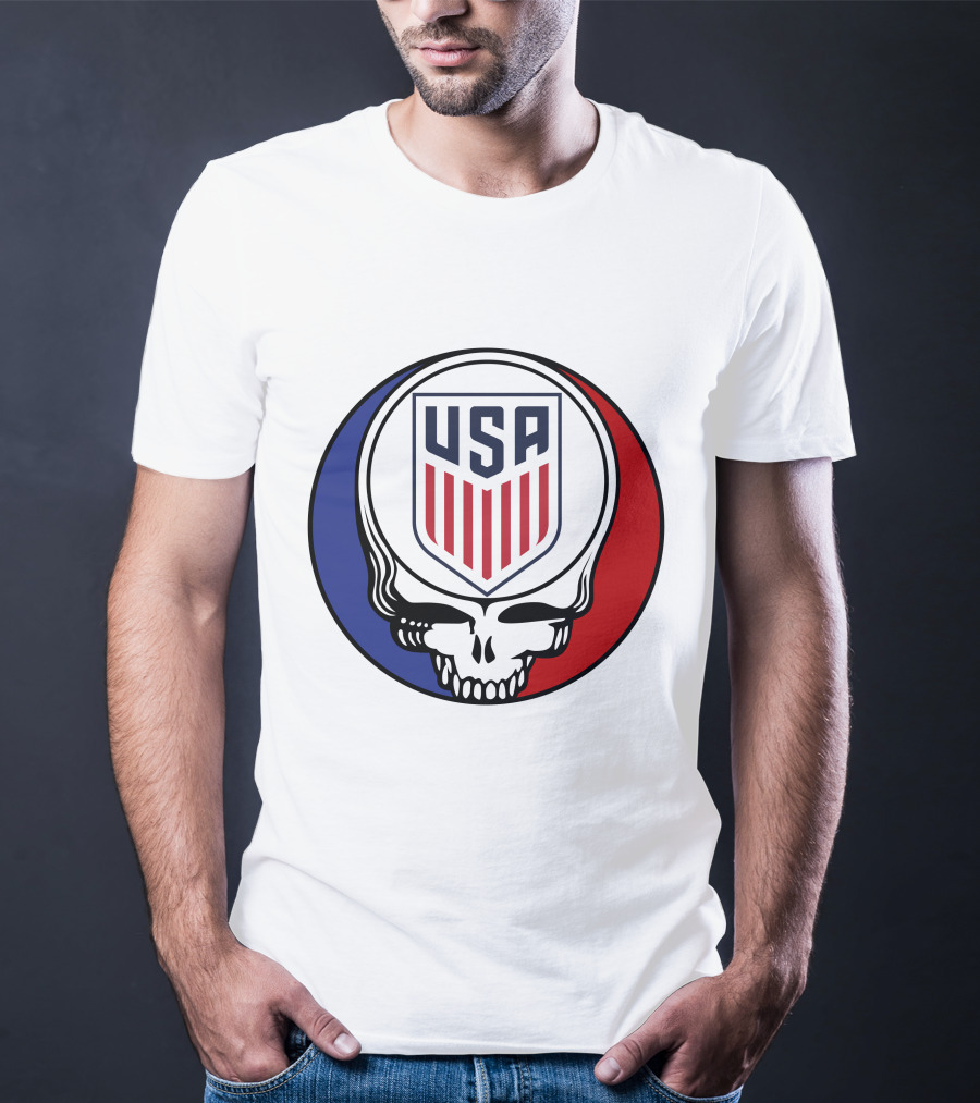 USA Soccer Grateful Dead Skull Logo Red Blue Badge T-Shirt
