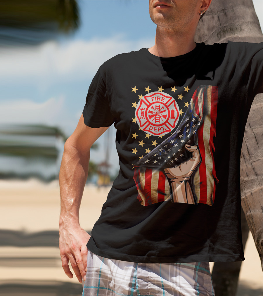 Fire Dept American Firefighter Flag Stars T-Shirt