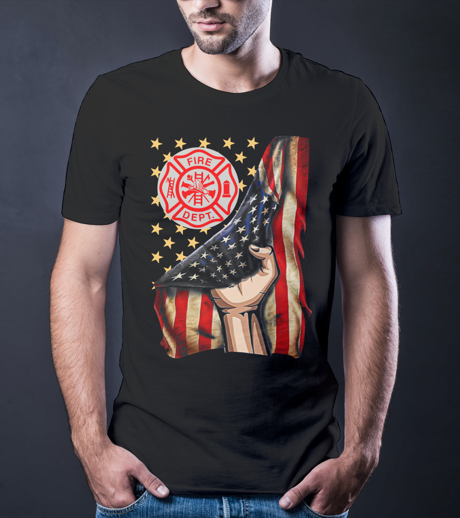 Fire Dept American Firefighter Flag Stars T-Shirt