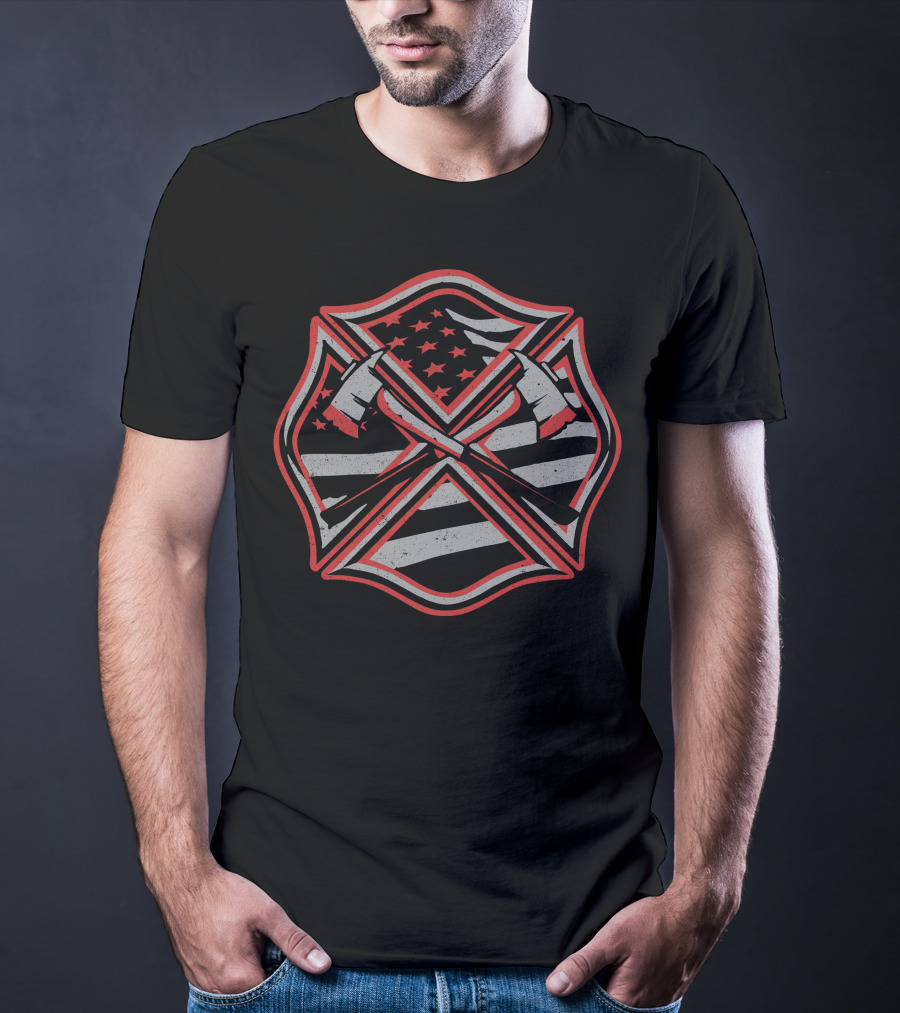 Red Thin Line Firefighter American Flag Maltese Cross T-Shirt